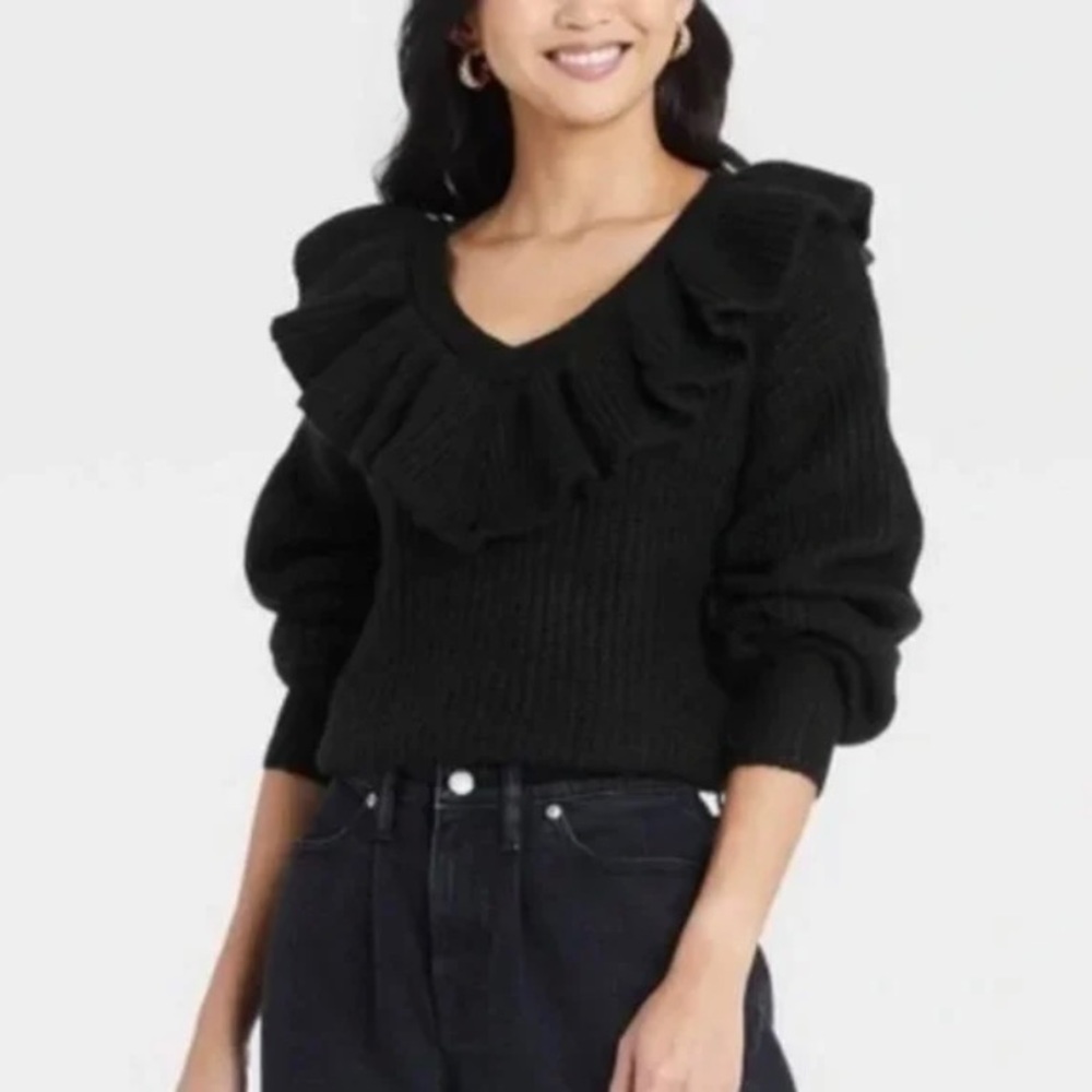 A New Day Black V Neck Ruffle Preppy Knit Ballon Sleeve Top Size XXL